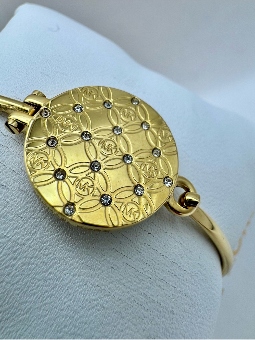 Michael Kors Gold Heritage MK Monogram Disk Tension Bangle Bracelet w/Crystals
